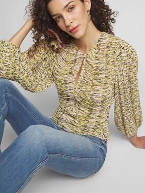 WHBM Long Sleeve Pleated Keyhole Blouse